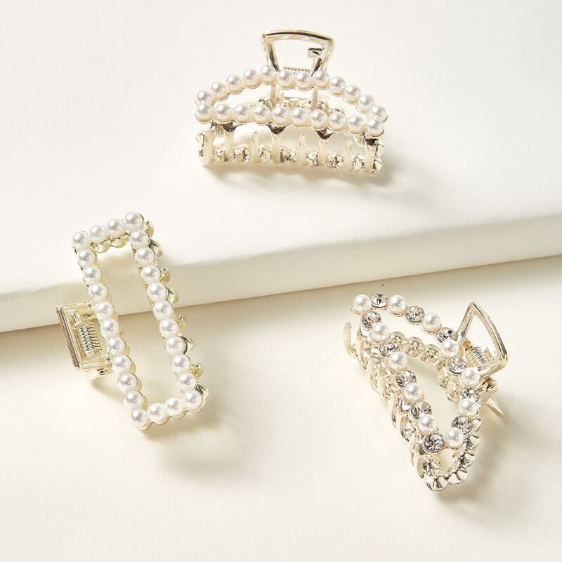 

3pcs Faux Pearl & Rhinestone Decor Hair Claw, Multicolor
