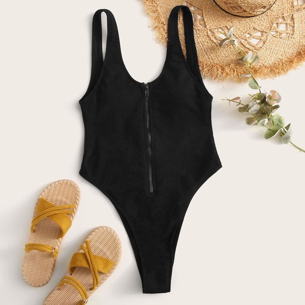 

Rib Zip Front High Leg One Piece Swimsuit, Black