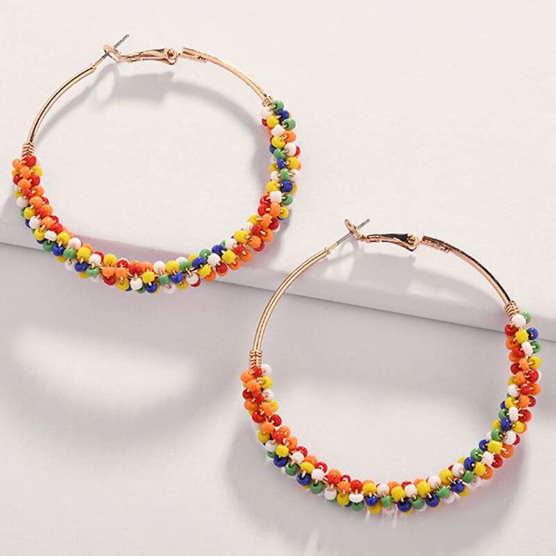 

1pair Beaded Hoop Earrings, Multicolor
