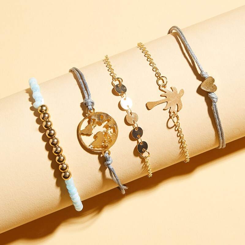 

5pcs Hollow Out Heart Decor Bracelet, Gold