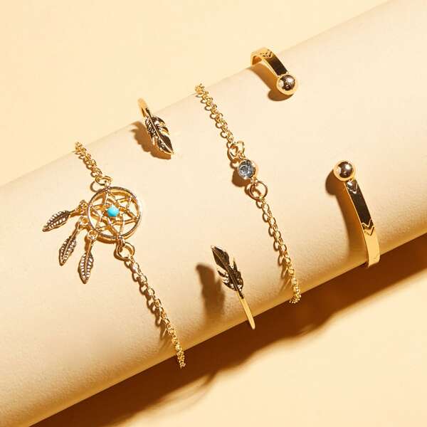 

4pcs Rhinestone Engraved Hollow Out Bracelet, Gold