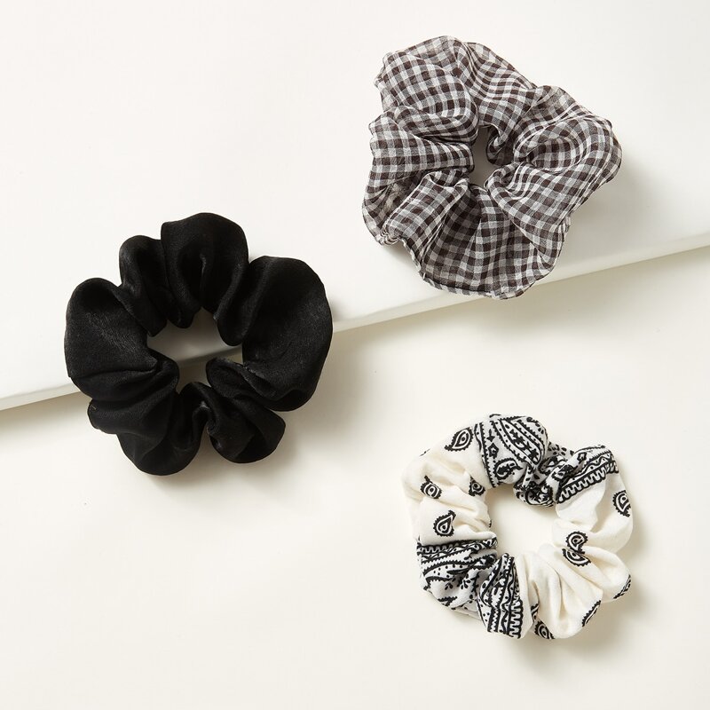 

3pcs Plaid & Paisley Pattern Scrunchie, Multicolor
