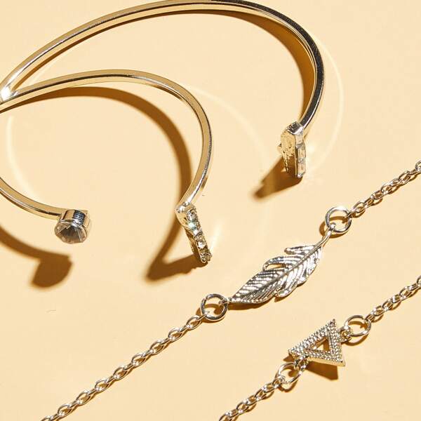 

4pcs Rhinestone Engraved Leaf & Triangle Decor Bracelet, Silver