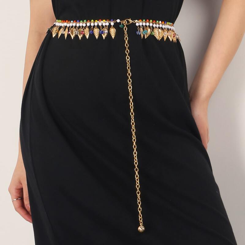 

Bead Decor Leaf Charm Chain Belt, Gold
