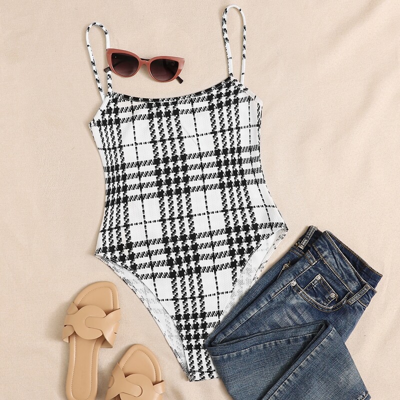 

Plaid Print Cami Bodysuit, Black and white