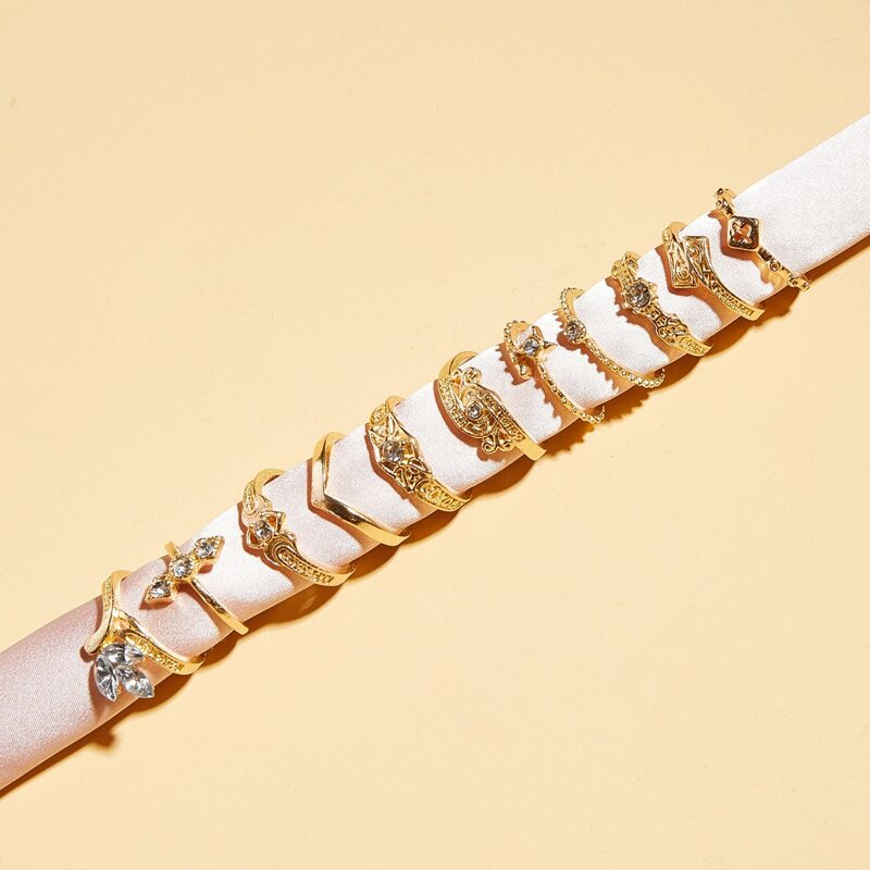 

11pcs Rhinestone Engraved Ring, Gold