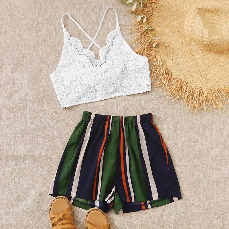 

Tie Back Contrast Lace Cami Top With Striped Shorts, Multicolor