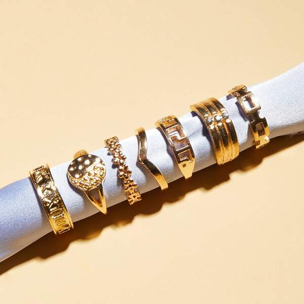 

7pcs Hollow Out Textured Metal Ring, Gold