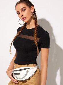 SHEIN Privé Mesh Insert Crop Fitted Tee - Black - View 1