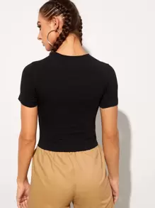 SHEIN Privé Mesh Insert Crop Fitted Tee - Black - View 2