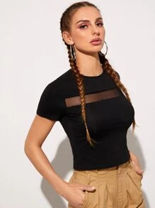 SHEIN Privé Mesh Insert Crop Fitted Tee - Black - View 4