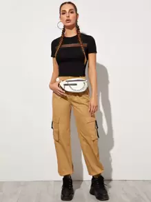 SHEIN Privé Mesh Insert Crop Fitted Tee - Black - View 5