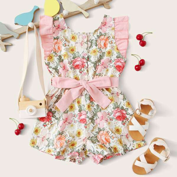 

Toddler Girls Floral Ruffle Cuff Belted Romper, Multicolor