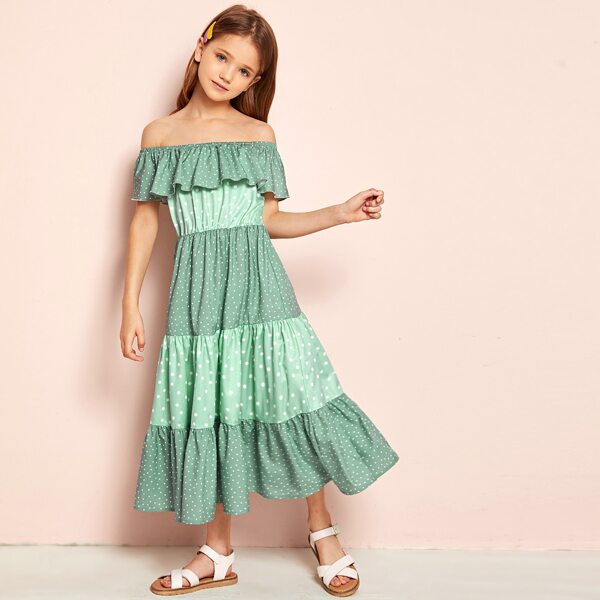 

Girls Flounce Off Shoulder Polka Dot Dress, Green