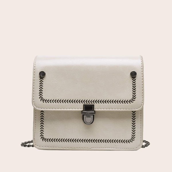 

Embroidered Detail Push Lock Crossbody Bag, Beige