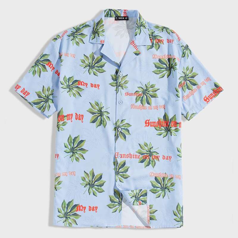 

Guys Leaves and Letter Print Shirt, Blue