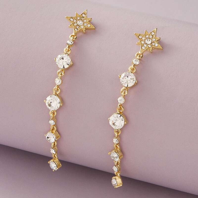 

1pair Rhinestone Engraved Star Drop Earrings, Gold
