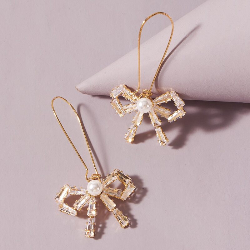 

1pair Rhinestone Engraved Bow Decor Earrings, Gold