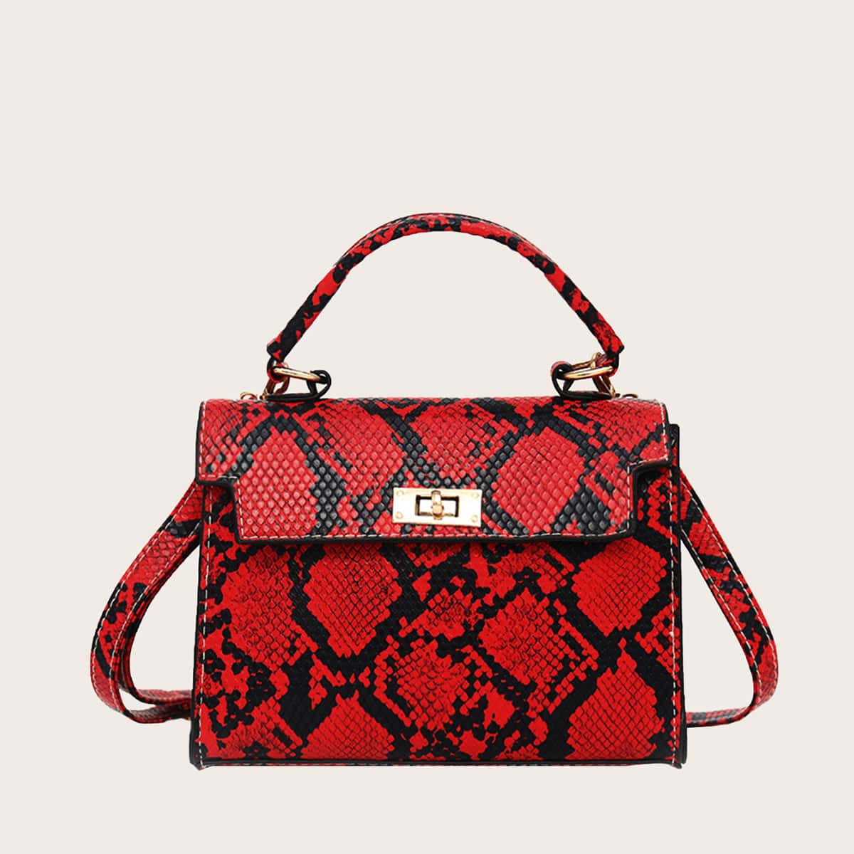 

Twist Lock Snakeskin Satchel Bag, Red