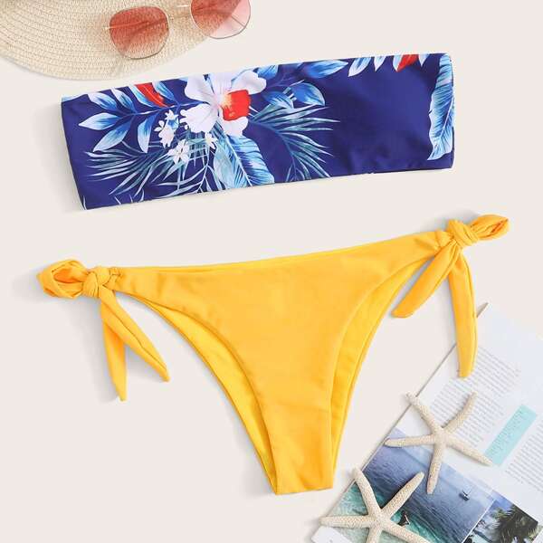

Floral Bandeau Tie Side Bikini Swimsuit, Multicolor