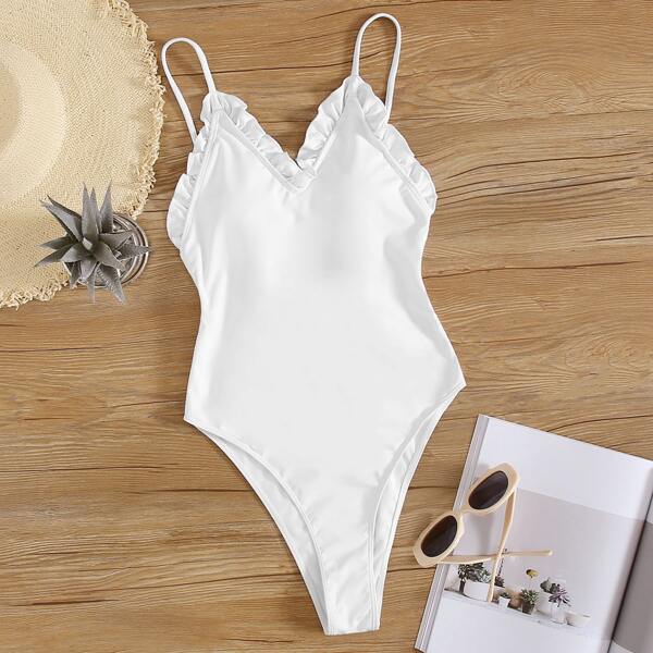 

Frill Trim High Leg One Piece Swimsuit, White