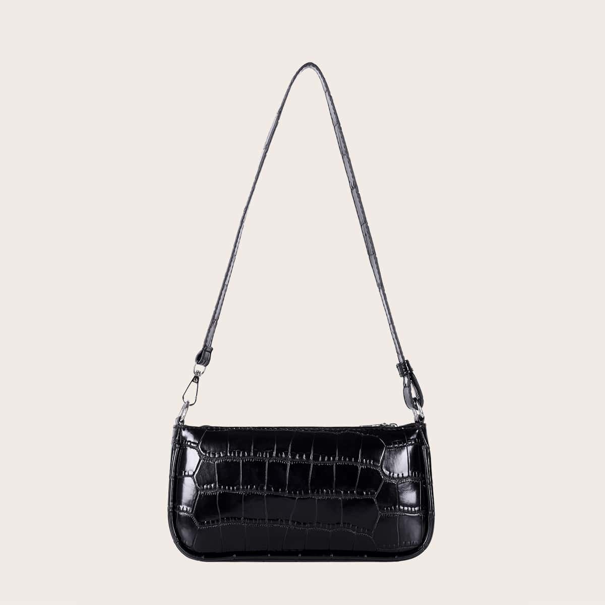 

Croc Embossed Baguette Bag, Black