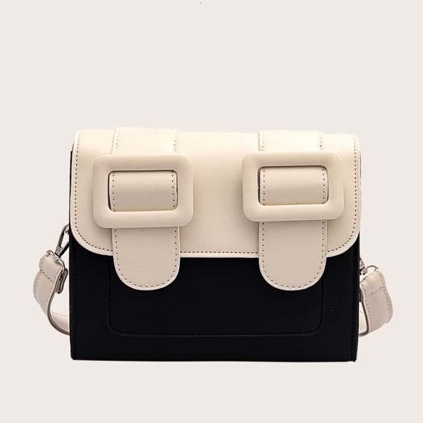 

Buckle Strap Decor Two Tone Crossbody Bag, Black and white