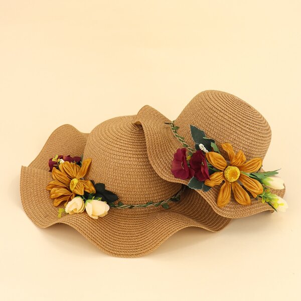 

2pcs Parent-toddler Girls Flower Decor Straw Hat, Khaki
