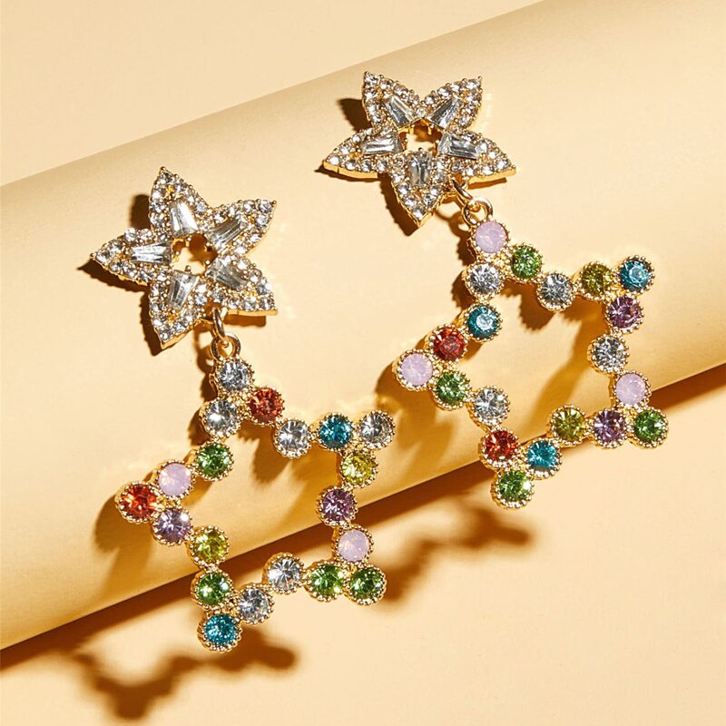 

1pair Rhinestone Engraved Star Drop Earrings, Multicolor