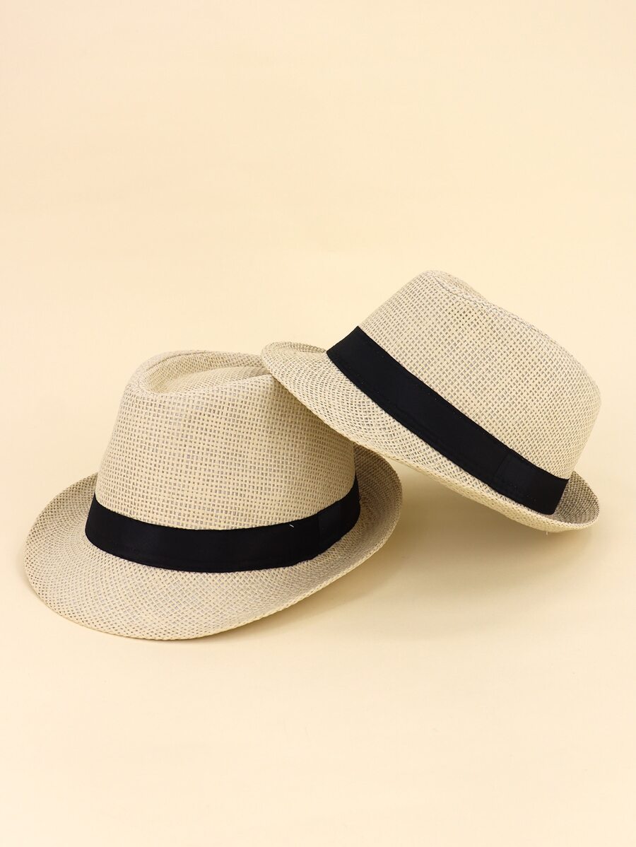2pcs Parent-boys Belt Decor Straw Hat - Khaki - View 1