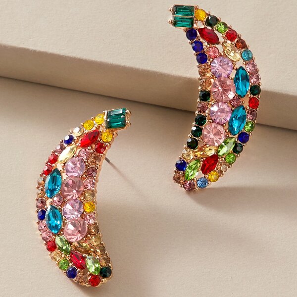 

1pair Colorful Rhinestone Engraved Banana Design Stud Earrings, Multicolor