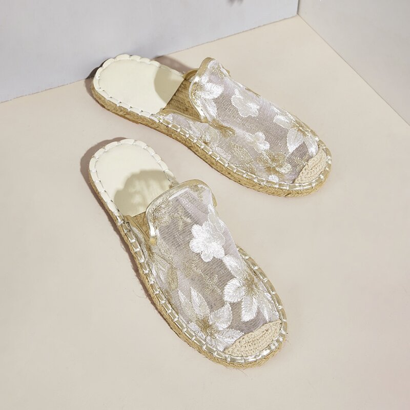 

Floral Embroidery Flat Mules, White