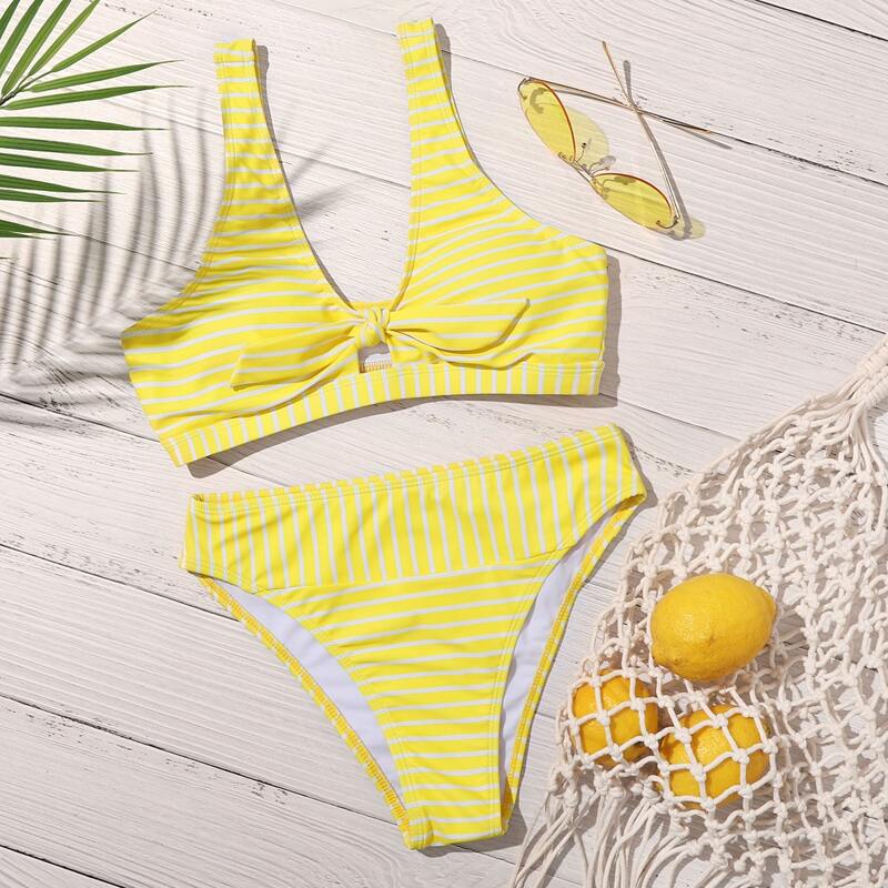 

Striped Knot Front Bikini Swimsuit, Yellow