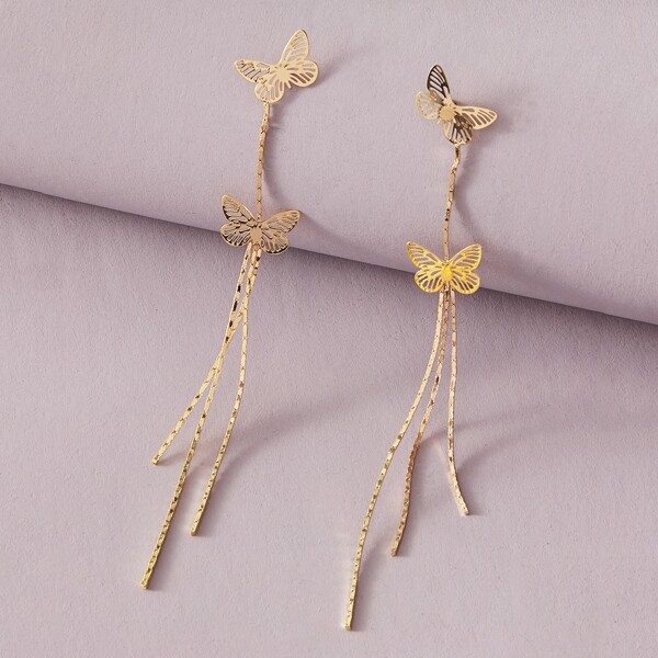 

1pair Hollow Out Butterfly & Tassel Decor Drop Earrings, Gold