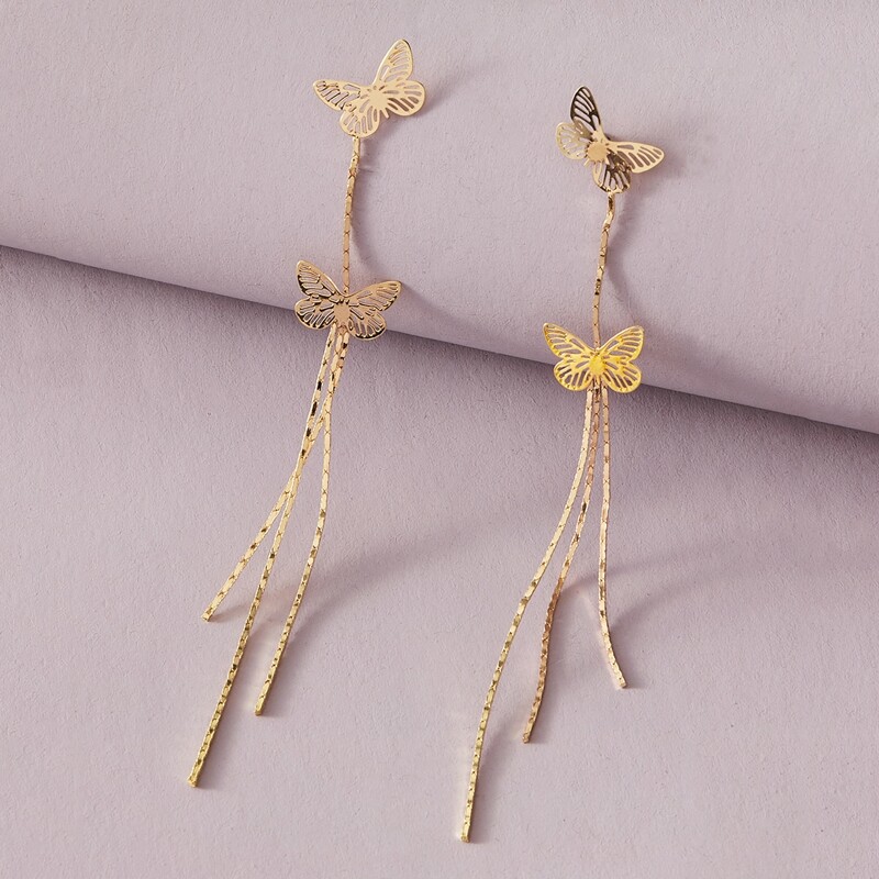 

1pair Hollow Out Butterfly & Tassel Decor Drop Earrings, Gold