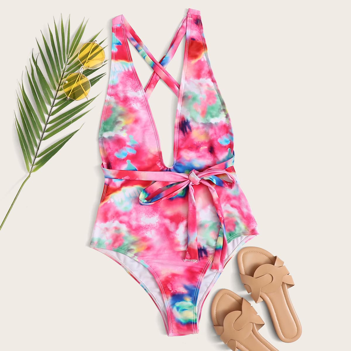 

Tie Dye Tie Front Plunging One Piece Swimsuit, Pink