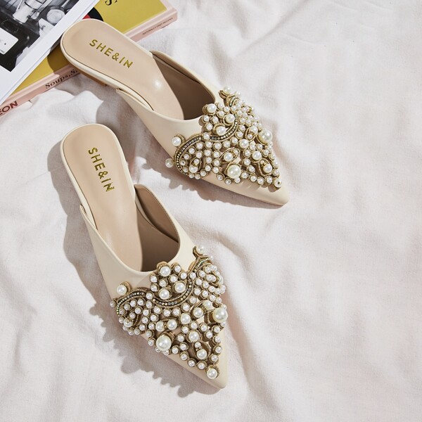 

Faux Pearl Decor Point Toe Flat Mules, Beige