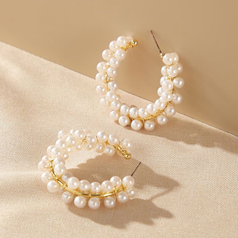 

1pair Faux Pearl Beaded Hoop Earrings, White