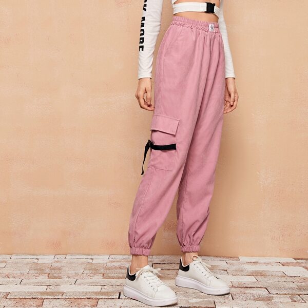 

Flap Pocket Buckle Detail Cargo Pants, Pink