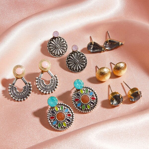 

6pairs Gemstone Engraved Color Block Earrings, Multicolor