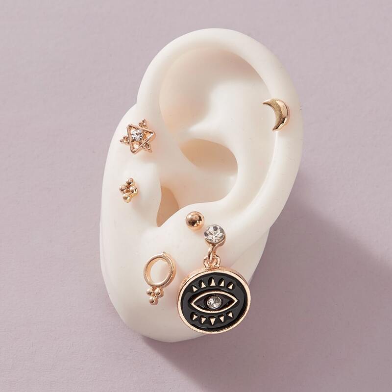 

6pcs Rhinestone Engraved Evil Eye Charm Earrings, Gold