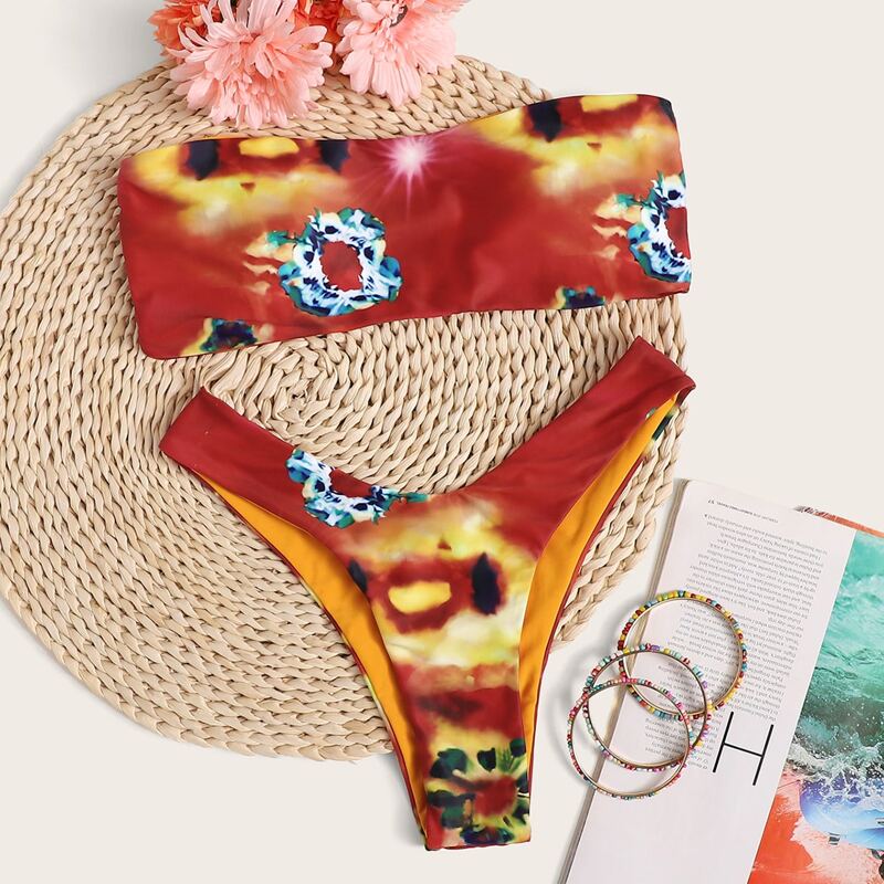 

Tie Dye Bandeau High Cut Bikini Swimsuit, Multicolor