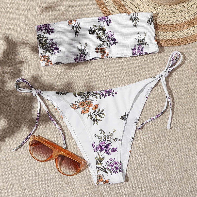 

Floral Smocked Bandeau Tie Side Bikini Swimsuit, White