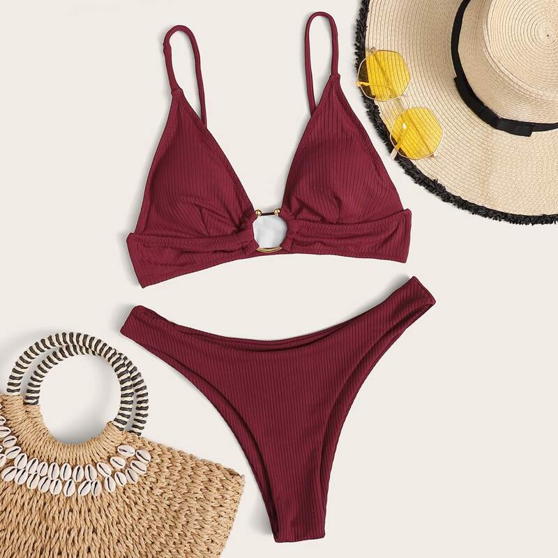 

Rib Ring Linked High Cut Bikini Swimsuit, Burgundy