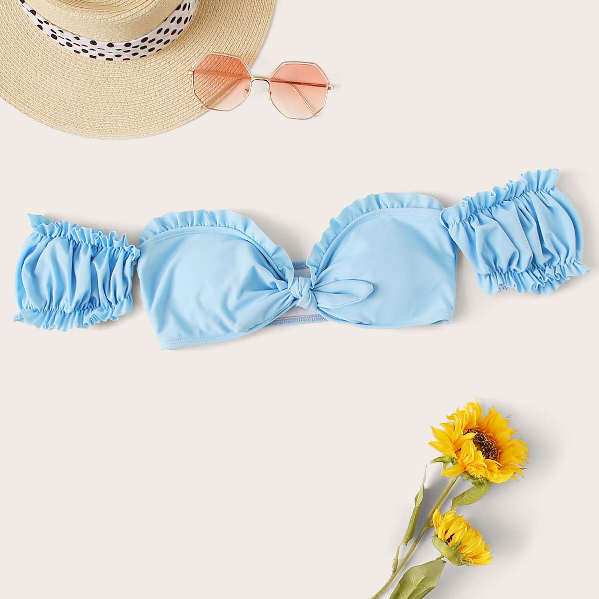 

Frill Knot Front Bardot Bikini Top, Blue