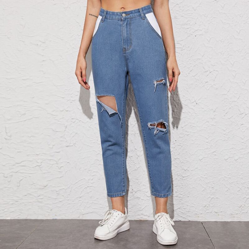 

Contrast Panel Ripped Cropped Jeans, Blue