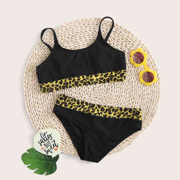 

Girls Contrast Leopard Bikini Swimsuit, Black