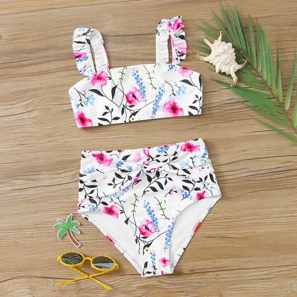 

Girls Floral Ruffle High Waisted Bikini Swimsuit, Multicolor