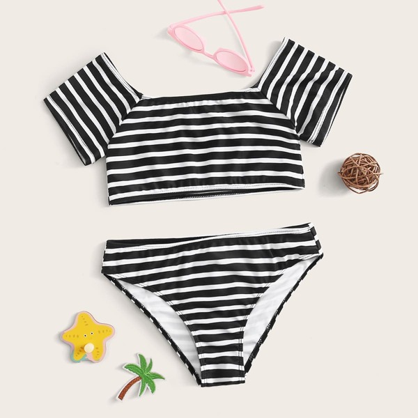 

Girls Striped Bikini Swimsuit, Black and white