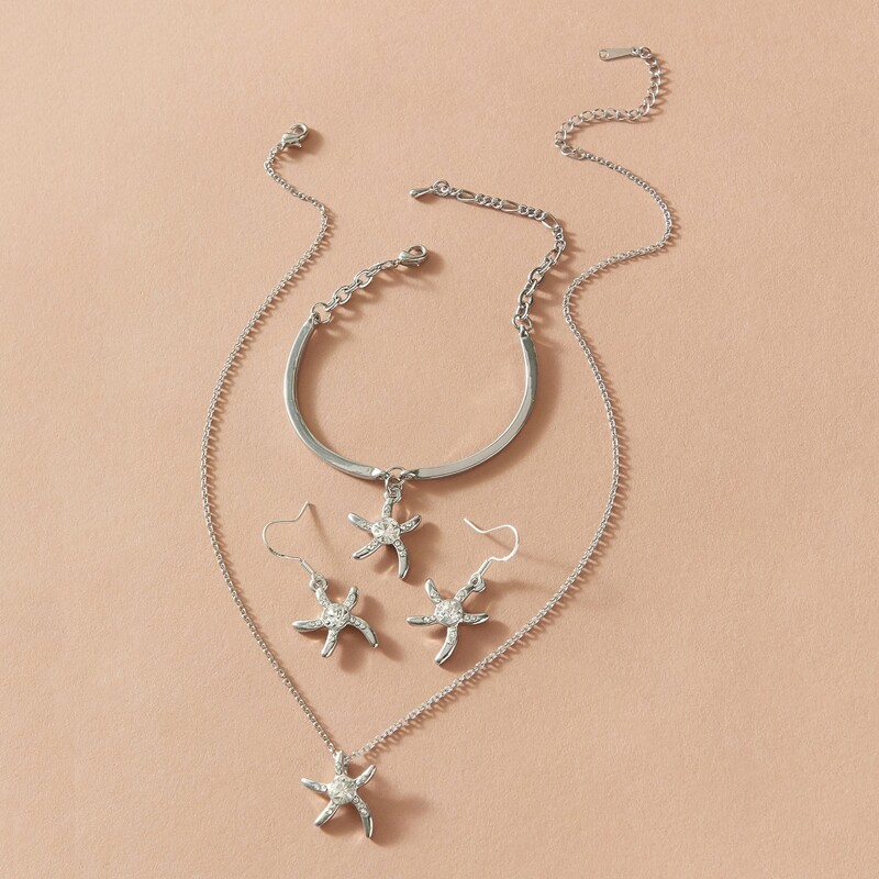 

4pcs Rhinestone Engraved Starfish Decor Jewelry Set
